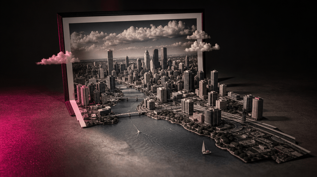 A single framed photograph physically unfolding into a vast three-dimensional city landscape across a black studio floor