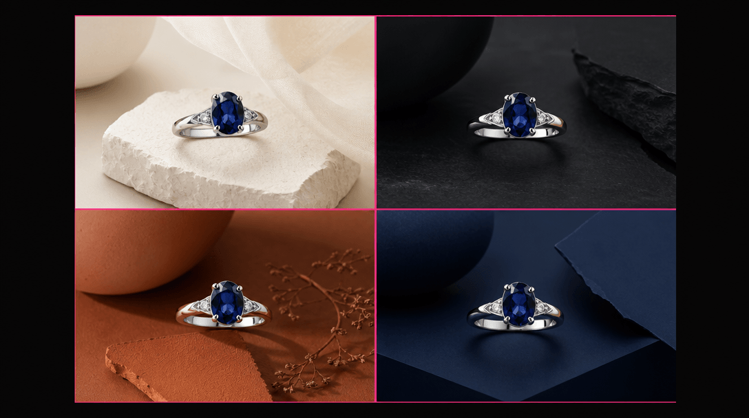Abstract dark-grid composition: four variations of the same sapphire ring rendered against four different editorial back