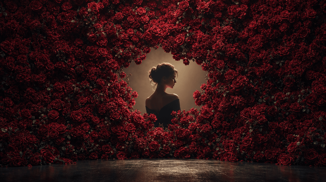 A vast wall of layered crimson roses opening around a single softly lit portrait silhouette, dark studio floor, cinemati