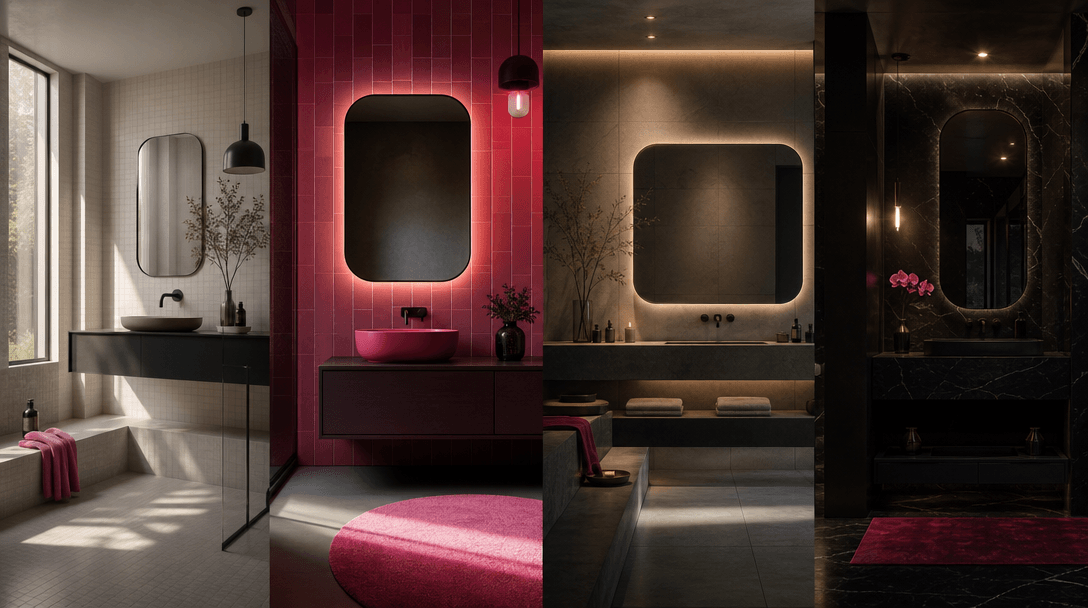 Four connected bathroom atmospheres shifting from clean morning light to colorful pop, calm spa, and moody luxury, unifi