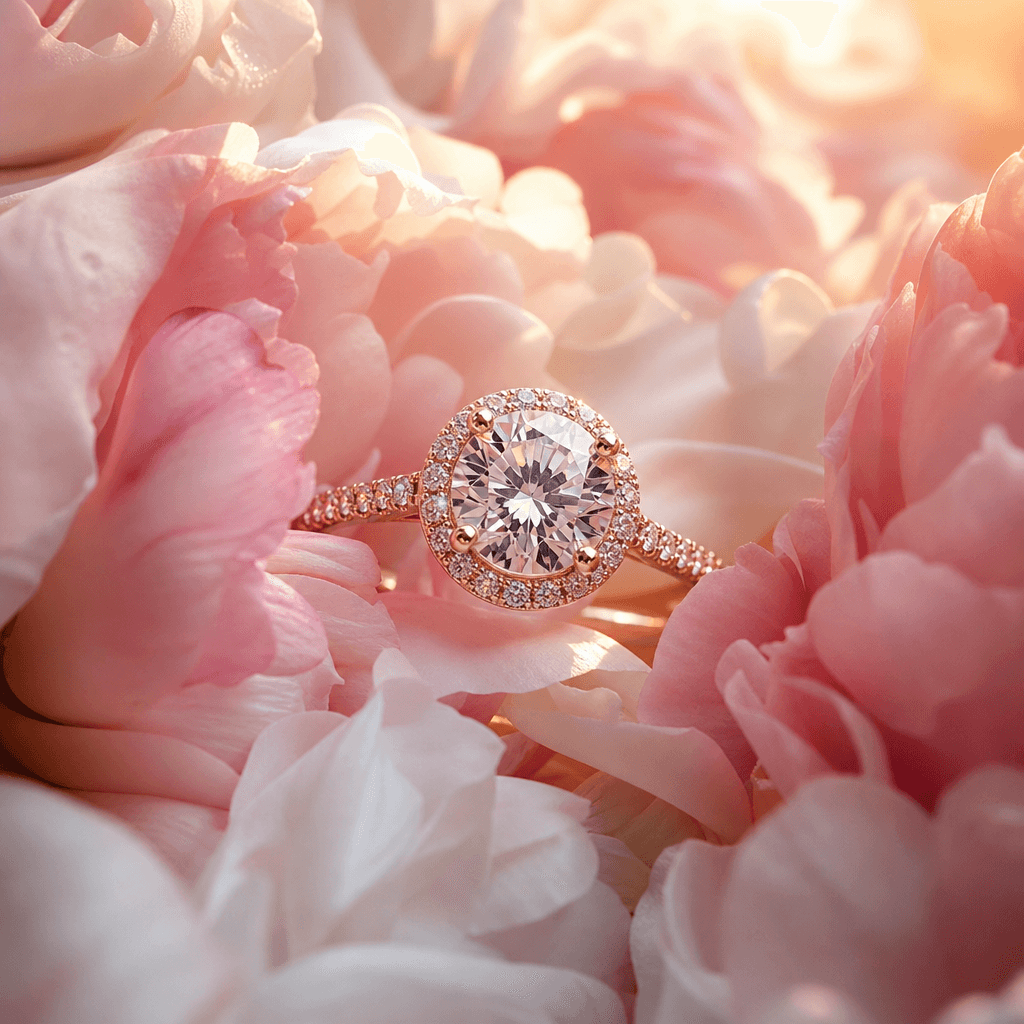 Luxury diamond ring nestled in soft pink peonies and white petals. Warm golden light with cinematic depth of field. Macr