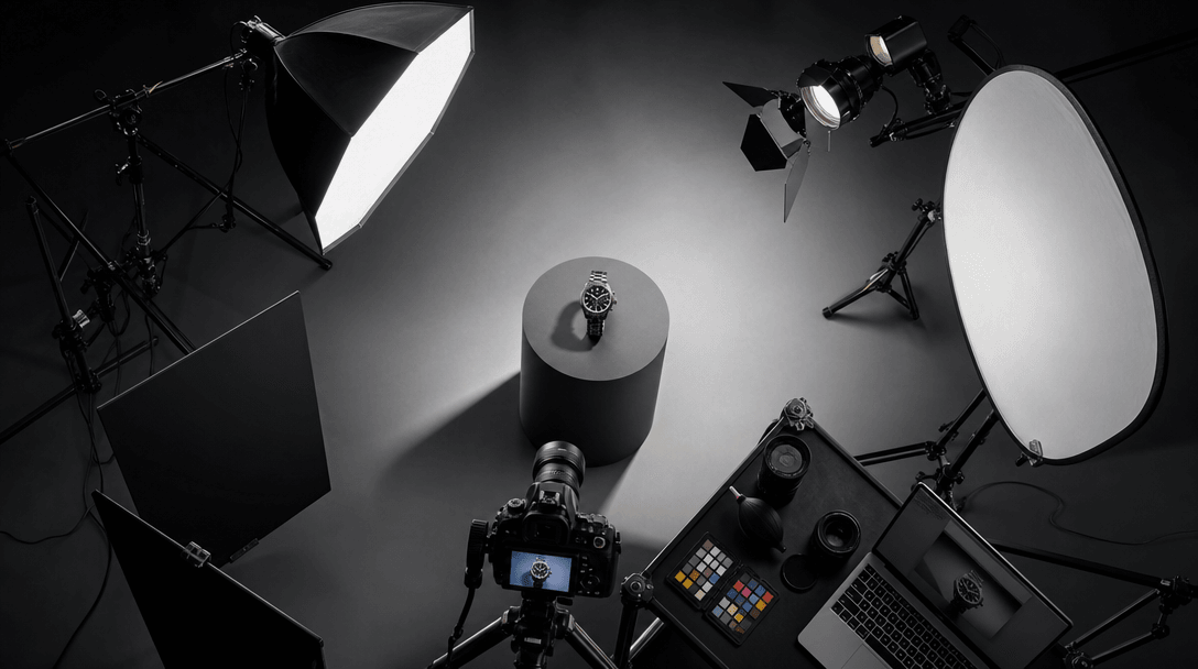 Professional studio scene: overhead view of high-end product photography setup with reflectors and lights, product cente