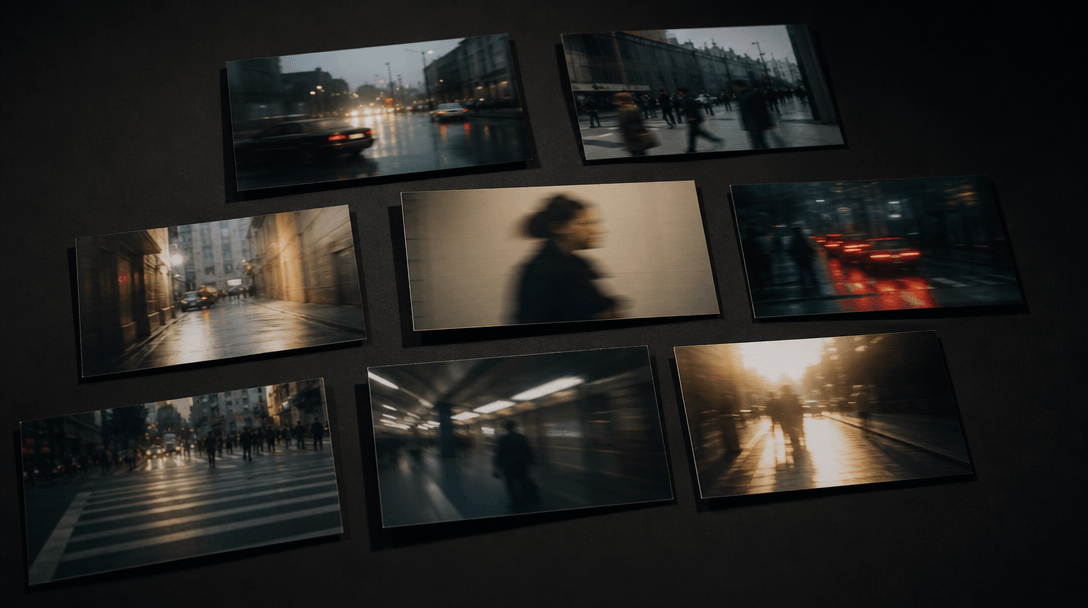 Editorial flat-lay of multiple printed video frame stills arranged in an asymmetric grid on a dark matte surface, single