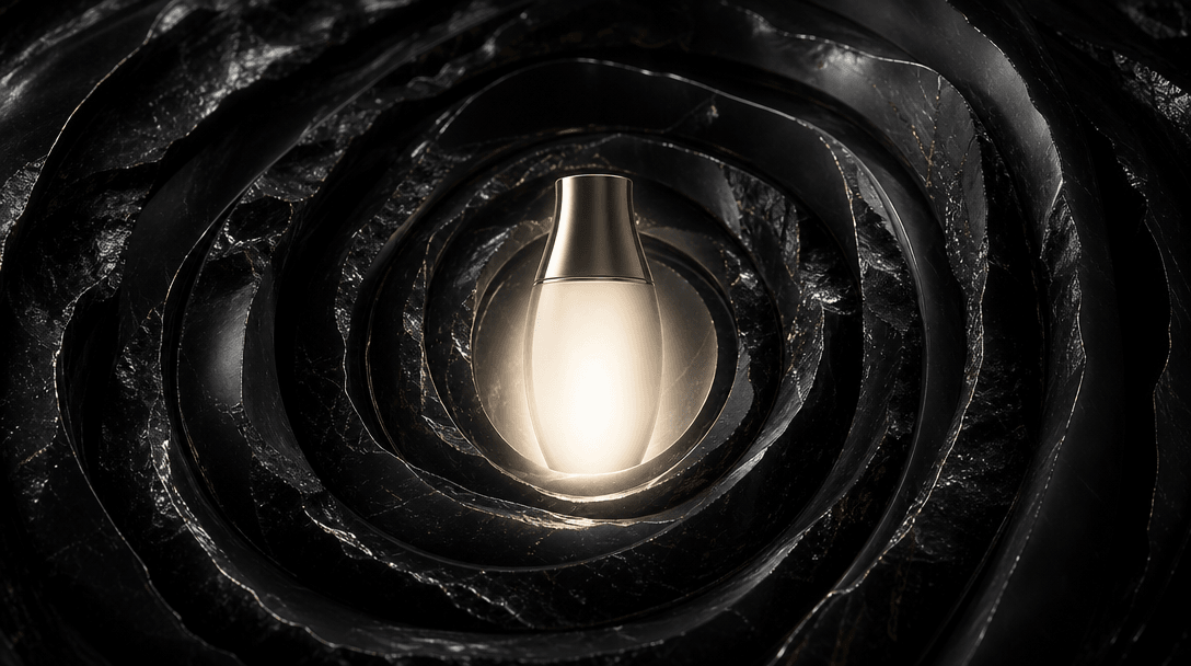 Concentric coils carved into glossy obsidian surrounding a single luminous product-shaped form, precise central composit