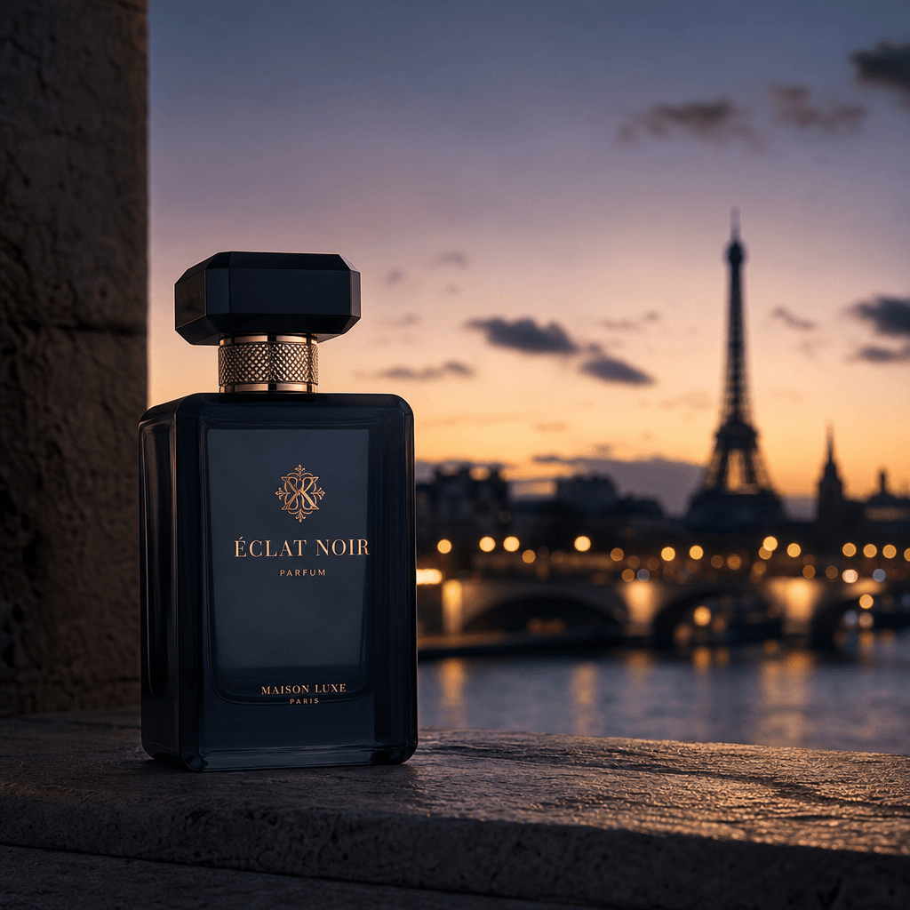 High-end fragrance bottle displayed in front of architectural landmark silhouette at dusk. Moody urban skyline backgroun