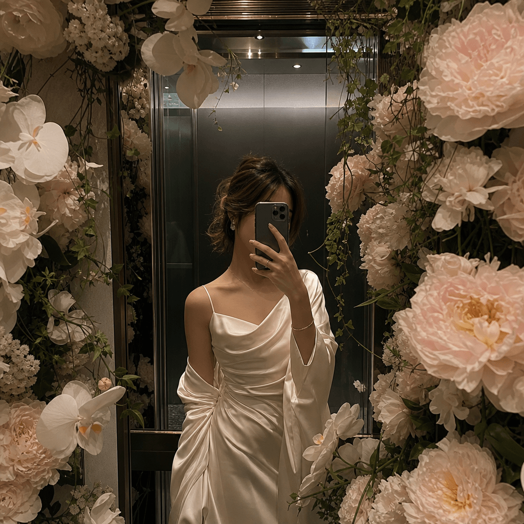 A romantic elevator mirror portrait surrounded by pale blush peonies, white orchids, and soft trailing vines. The anonym