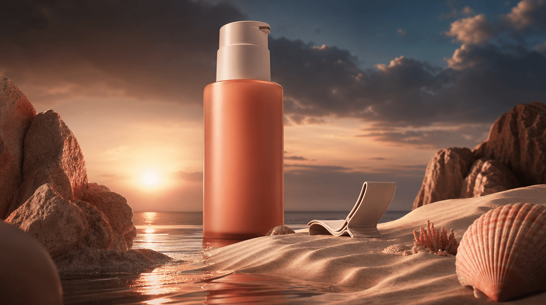 An oversized beauty bottle emerging as the central landmark of a miniature coastal landscape, with a tiny sculptural bea