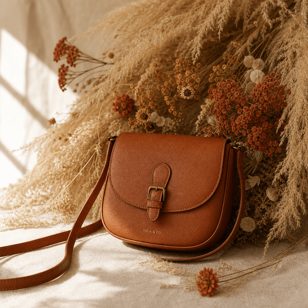 A small cognac tan leather crossbody bag resting against a cascade of dried pampas grass and terracotta wildflowers on a