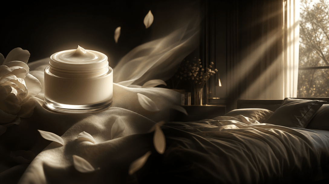 An isolated premium cosmetic jar transitioning visually into a complete bedroom lifestyle composition through flowing li