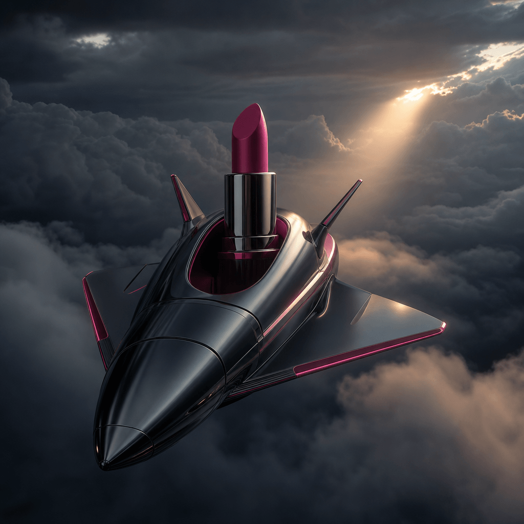 A vivid lipstick tube standing upright in a streamlined airborne carrier, traveling through layered clouds with a narrow