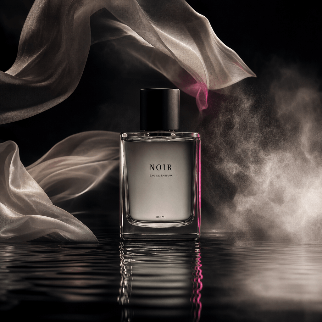Minimal fragrance bottle surrounded by three atmospheric elements: drifting translucent fabric, a shallow reflective poo