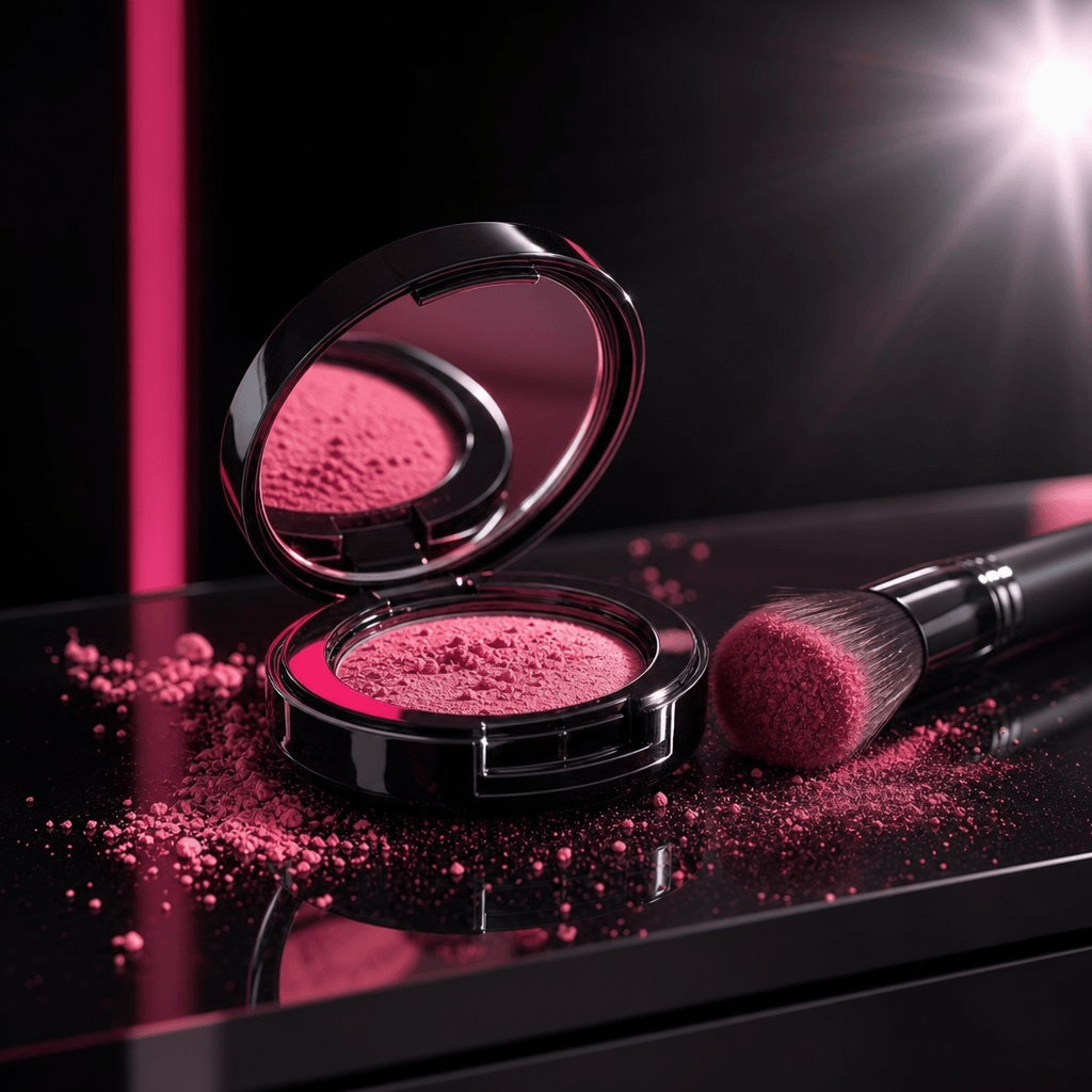 Colorful makeup compact and brush arranged on reflective black acrylic inside a modern photobooth. Repeating flash burst