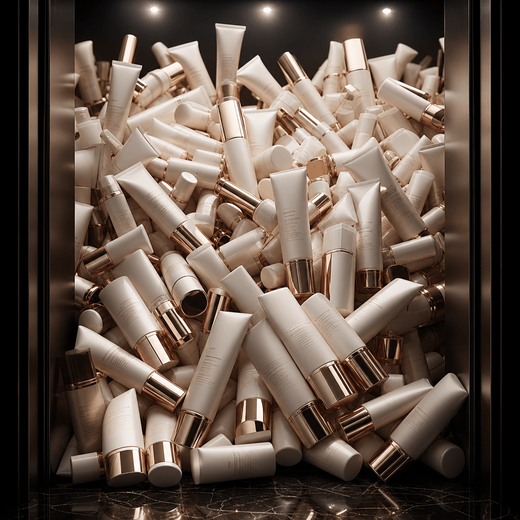 Cinematic elevator interior overflowing with matte ivory skincare serum tubes finished in rose gold lettering. Editorial