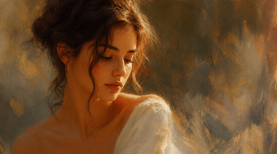 Blending of portrait photography with oil painting technique, warm color grading transitions, soft golden light, artisti