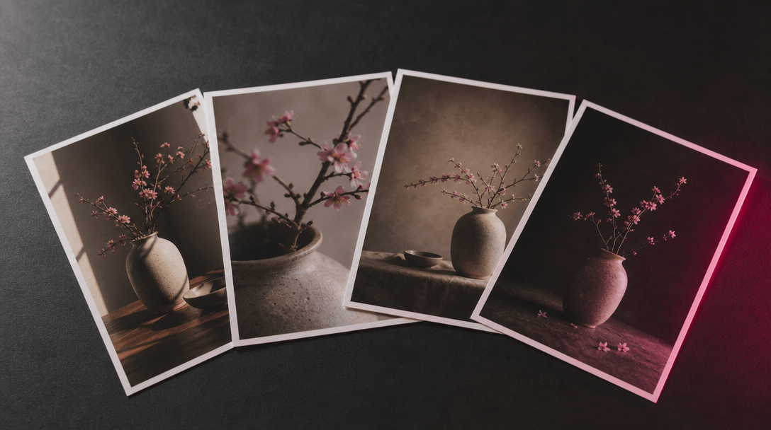 Editorial still life: four printed photograph cards fanned across a matte dark surface. Each card shows a slightly diffe