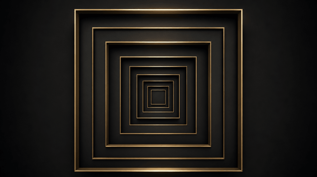Abstract visualization of recursive layered frames. Concentric geometric borders in soft gold and shadow, nested inward 