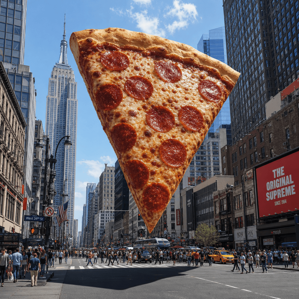 Enormous pizza slice hovering over bustling downtown street with crowds and tall buildings, dramatic shadow cast on pave