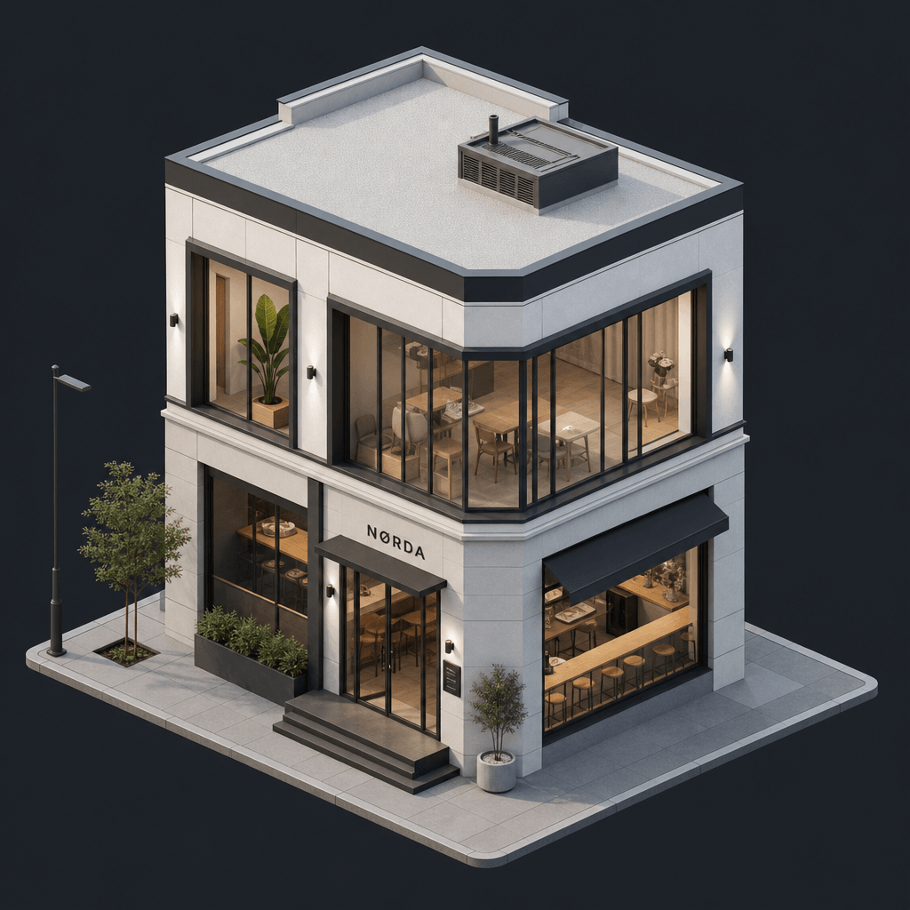 Isometric 3D view of a minimalist corner building with large windows and clean lines. Soft daylight simulation, professi