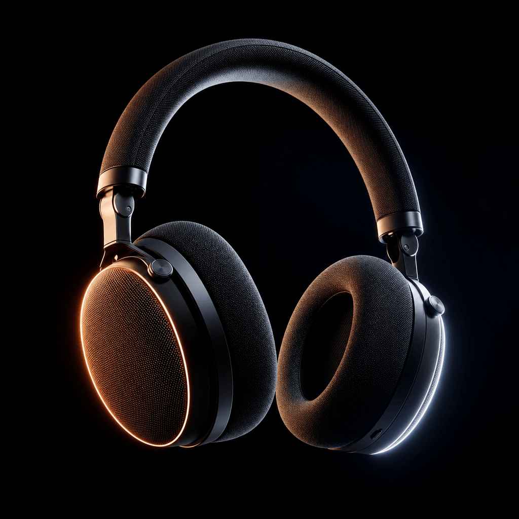 Wireless noise-canceling headphones suspended mid-air against an obsidian background, two opposing rim lights creating a