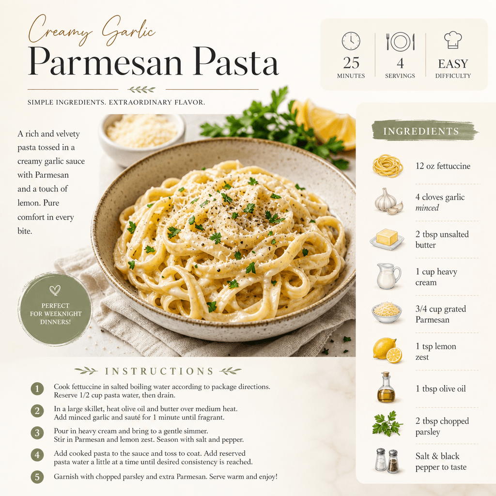A recipe card layout with animated ingredients list and elegant typography. Dish photo centered, soft neutral background