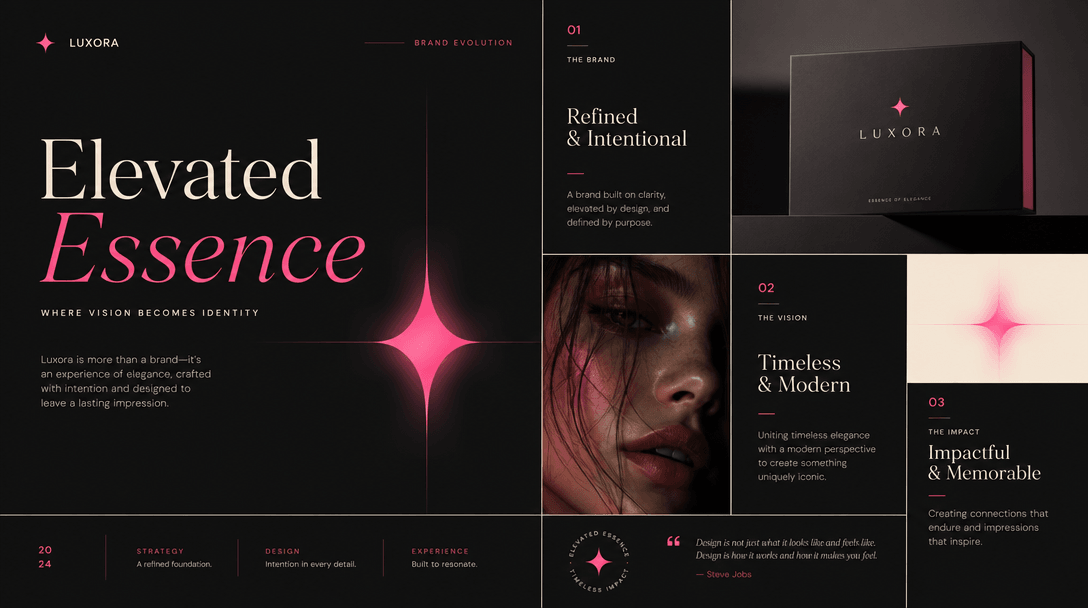 Modern minimalist design mockup: clean geometric grid structure with soft glowing accents in hot pink and cream, deep da