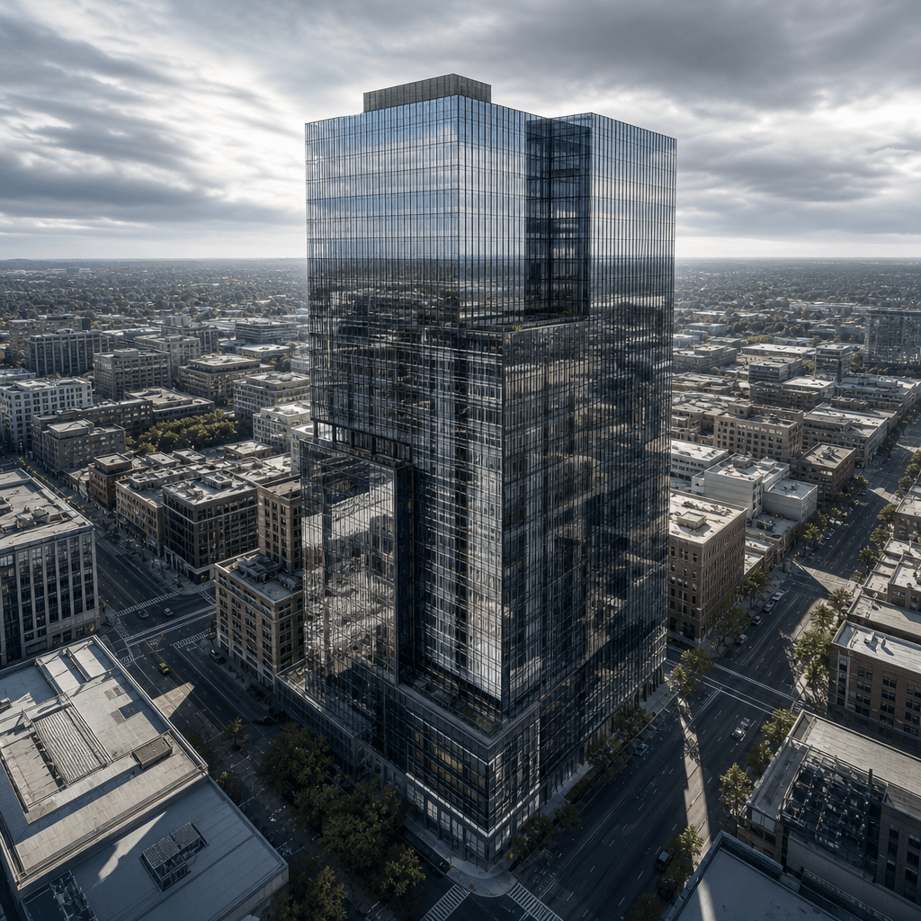 High-altitude aerial view of a glass-curtain-wall commercial office tower rising above an urban downtown grid, dramatic 