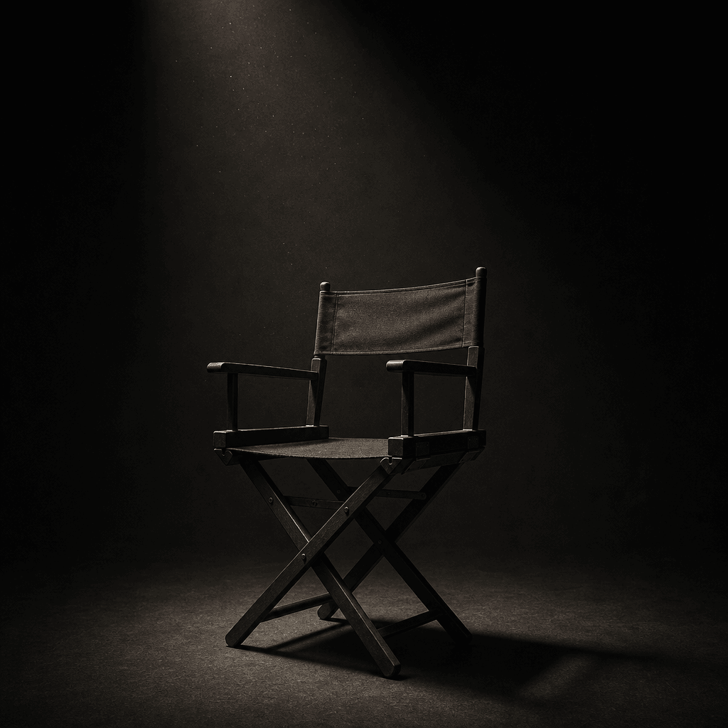 Dark studio empty director's chair under a single focused spotlight against a matte black cyclorama backdrop, volumetric
