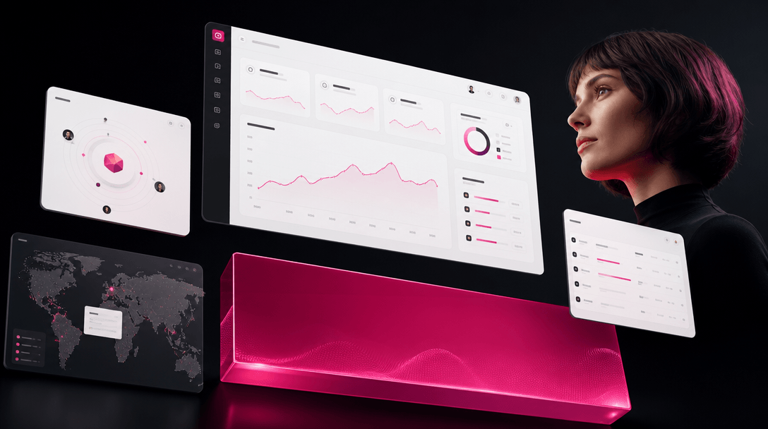 High-contrast performance creative composition: floating UI frames arranged in an advertisement-style layout against a d