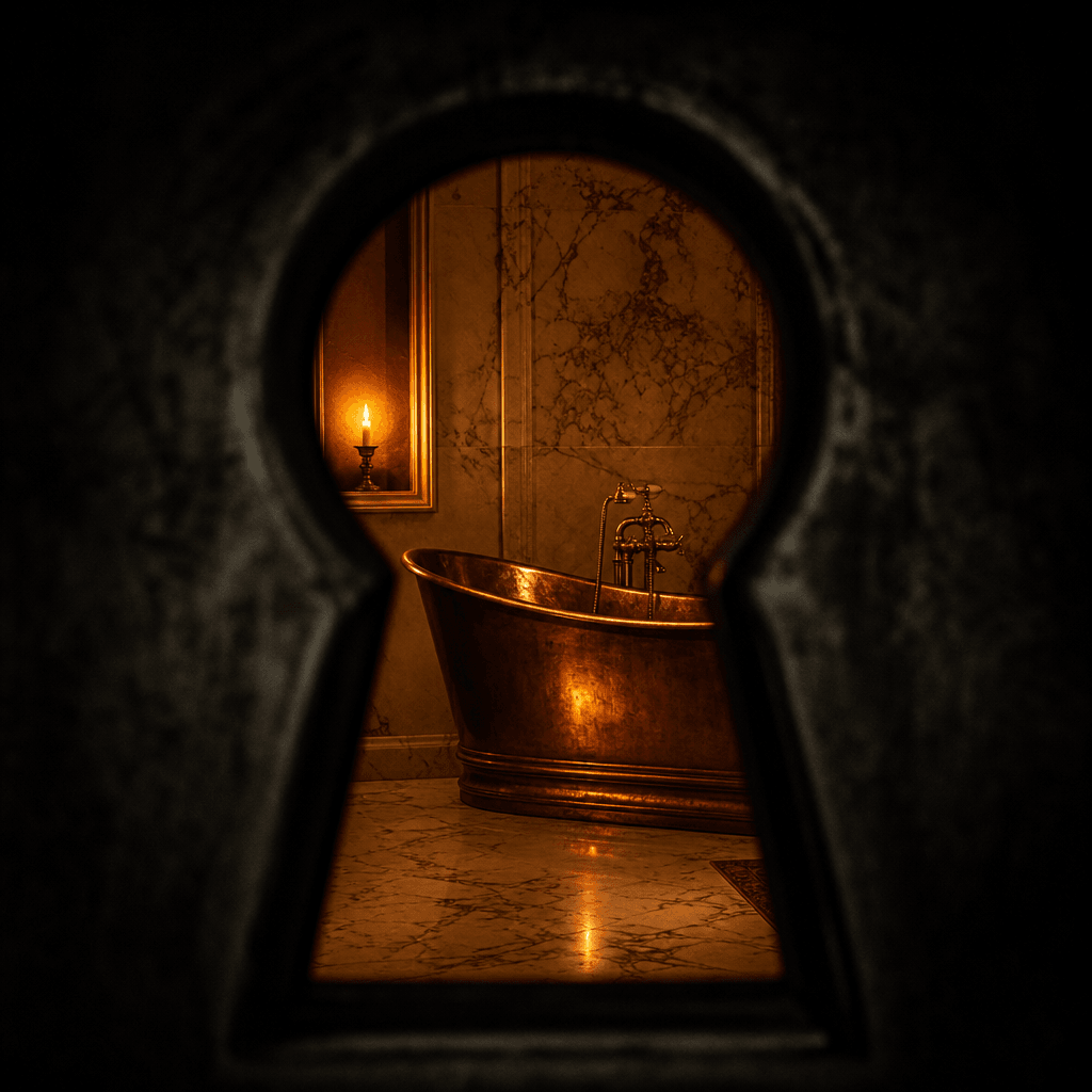 Boutique hotel bathroom through a dark keyhole-shaped frame — freestanding copper bathtub, polished marble tiles, single