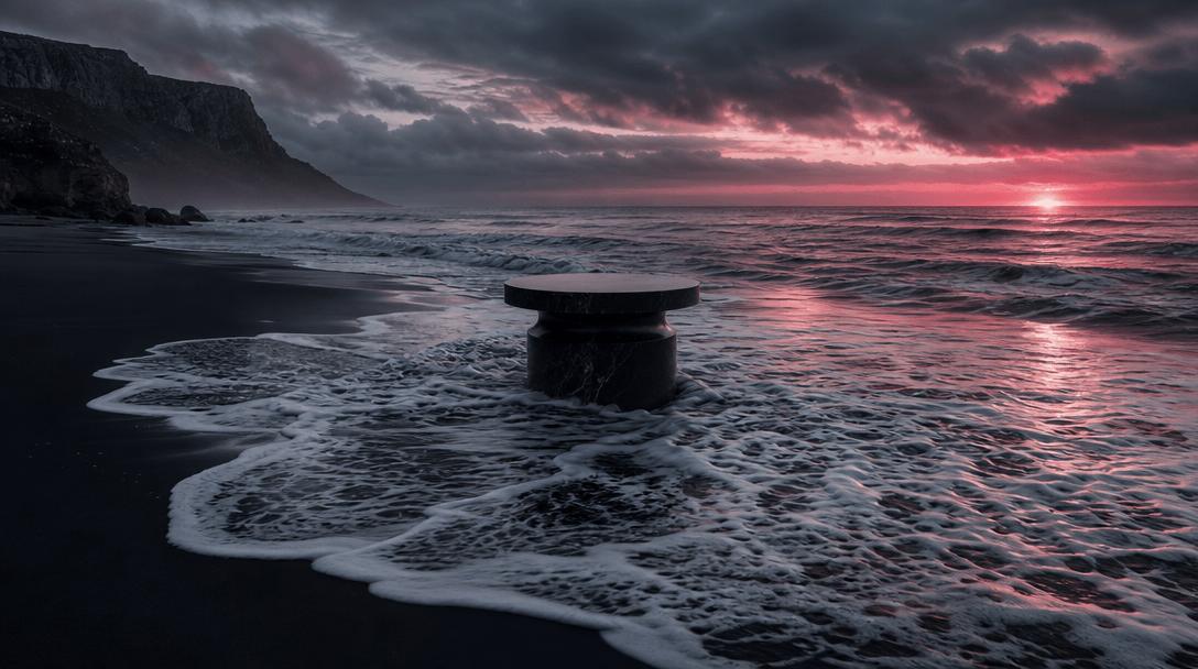 A cinematic wide shoreline at the instant a lace-like wave crosses smooth dark sand around a single sculptural pedestal,