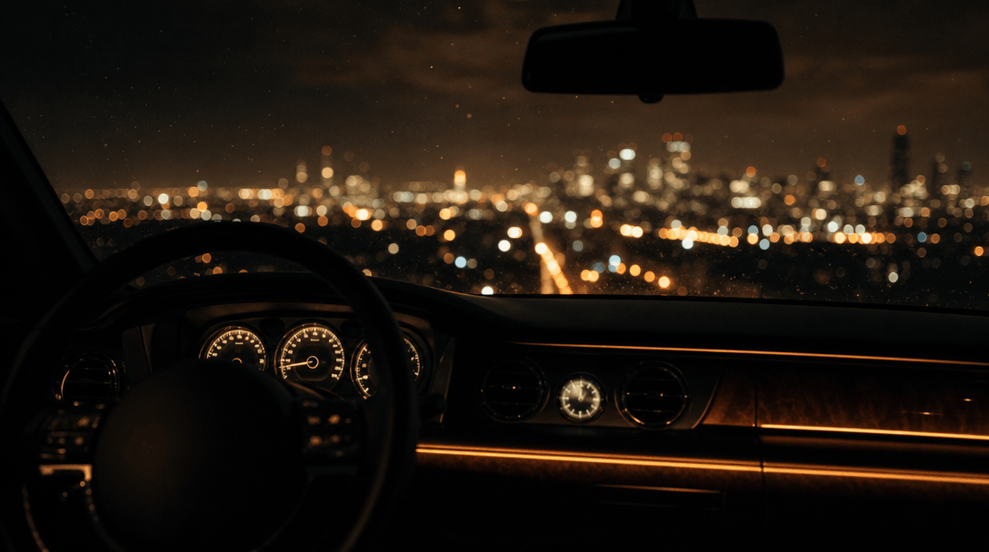 Interior of a dark luxury car at night seen from the passenger seat, steering wheel silhouette in deep foreground, vast 