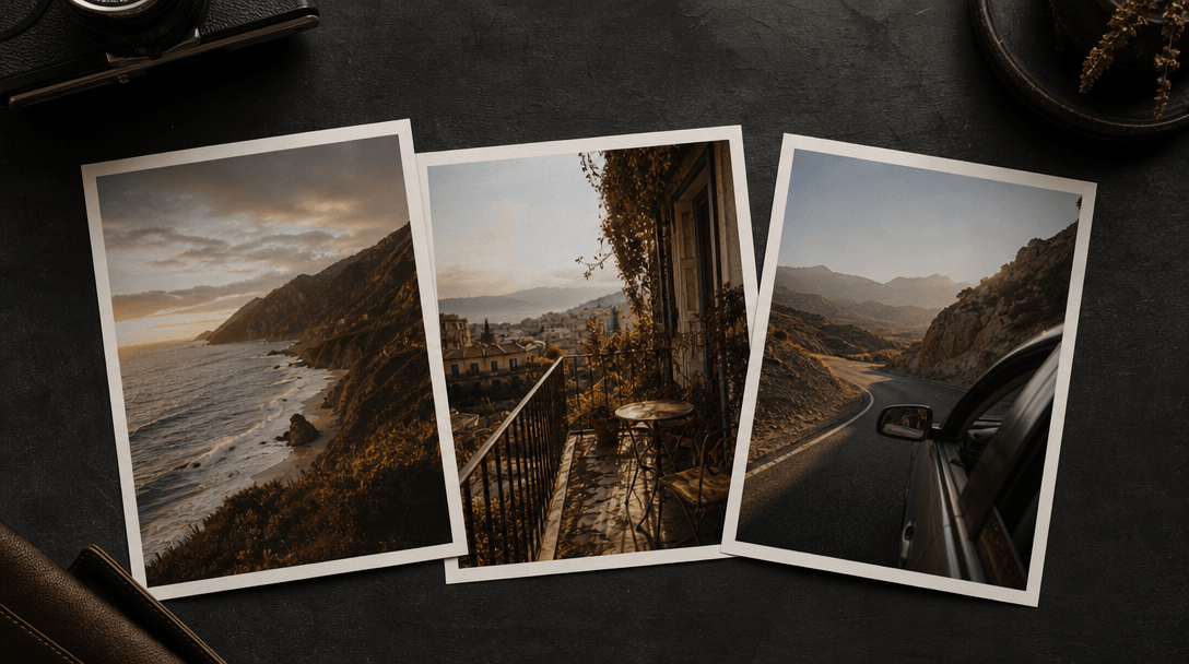 Three physical travel photographs arranged as a connected visual story on a charcoal table, showing coast, balcony, and 