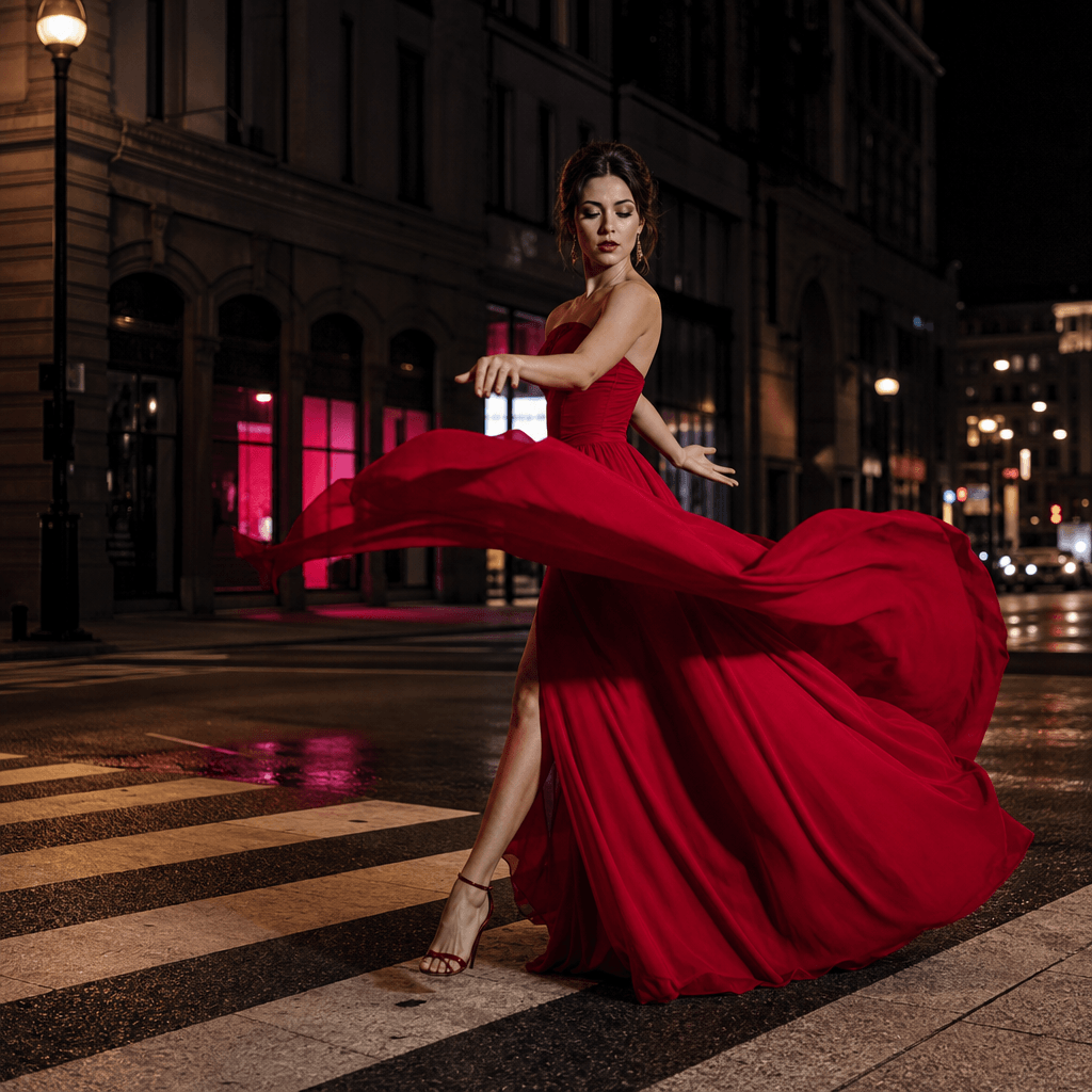An elegant figure in a flowing red evening dress performing a graceful dance turn on a quiet downtown crosswalk, fabric 