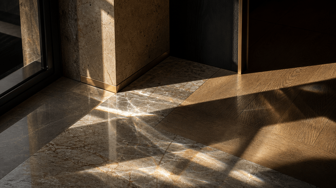 Sunlight refracting through a luxury apartment window onto polished stone flooring, creating sharp geometric light patte