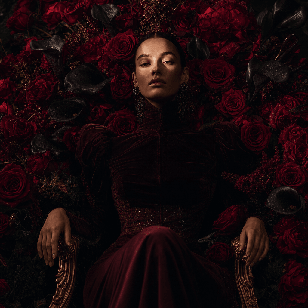 A dramatic flower-throne portrait with an anonymous subject framed by saturated crimson roses, black calla lilies, and b