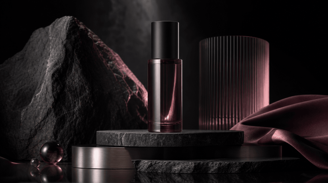 A simple cosmetic bottle transitioning into a luxurious retail still life through layered materials: matte stone, brushe