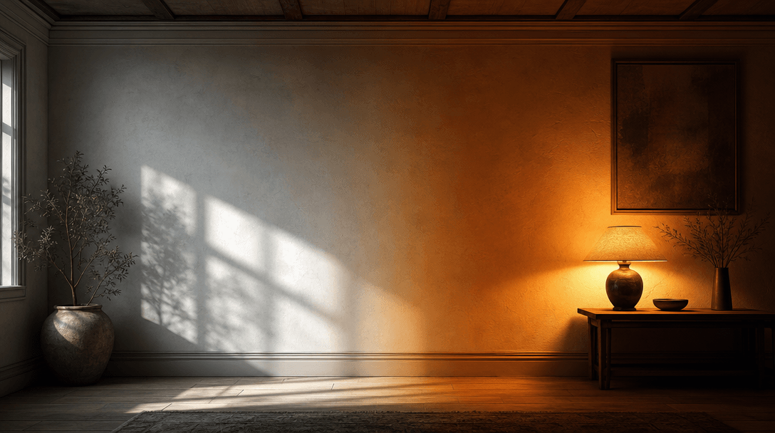 Tonal atmosphere study: one half of a wide interior wall bathed in cool neutral daylight with crisp shadows, the other h