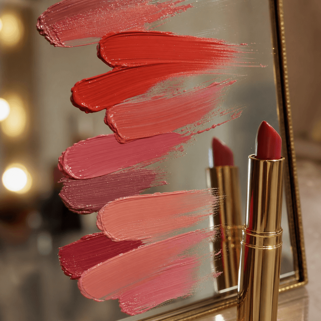 Lipstick brush strokes on glass mirror with reflection and light play, professional beauty editorial, soft flattering li