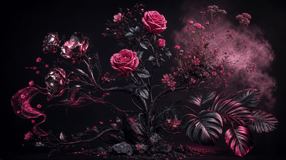 A single floral composition branching into several distinct visual worlds across one seamless dark studio landscape: rea