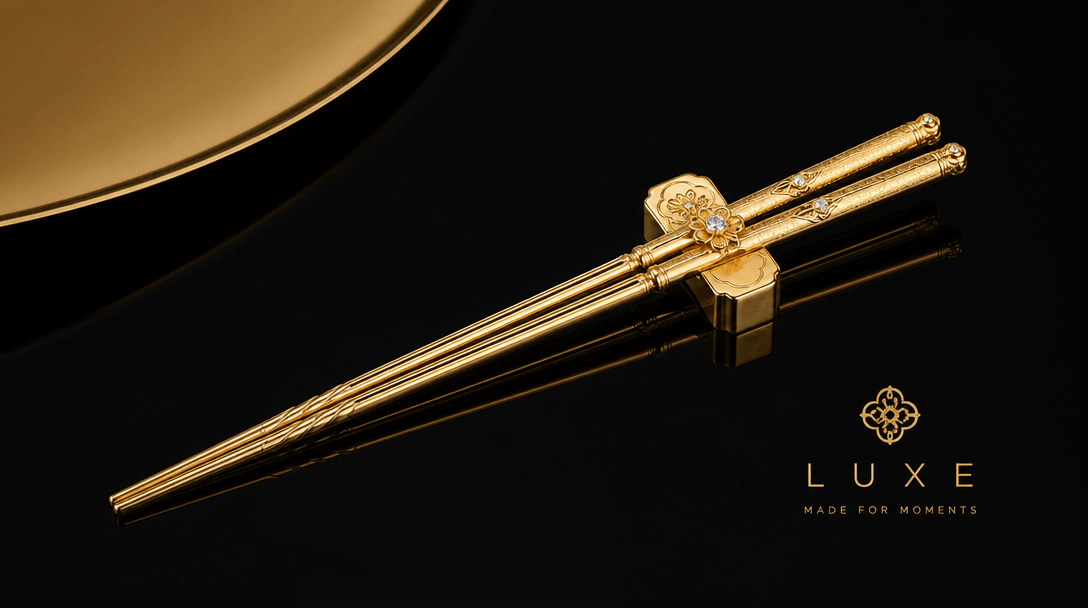 Final jewelry chopsticks composition, perfect balance, luxury minimalist visual, broadcast quality, professional product