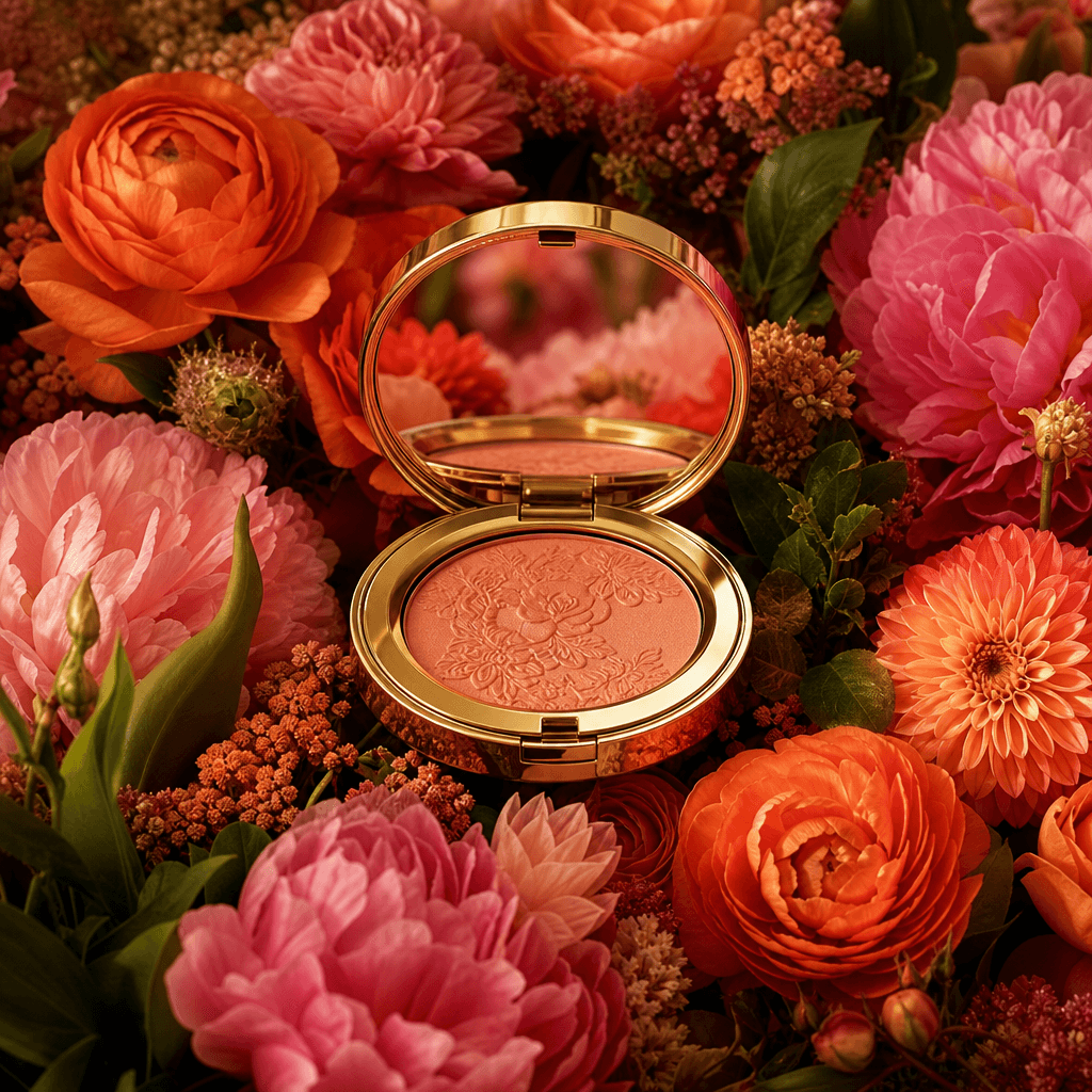 Gold cosmetic compact with mirror positioned in center of lush blooming flowers in orange, coral, and pink tones, warm e