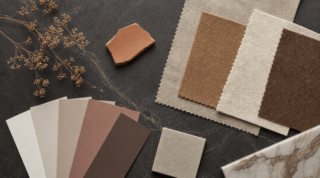Flat lay of interior design mood board elements on a dark stone surface. Fabric swatches in warm neutral tones, paint ch