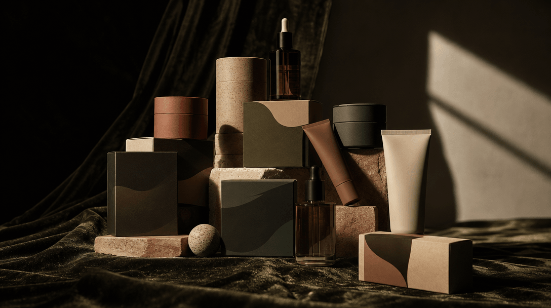 Multiple units of DTC product packaging arranged in a dramatic still-life pyramid on dark velvet, raking sidelight from 