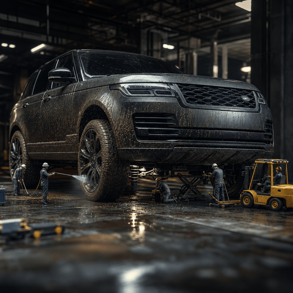 A rugged luxury SUV in a shadowy service bay with tiny workers washing mud from the tires, checking suspension component