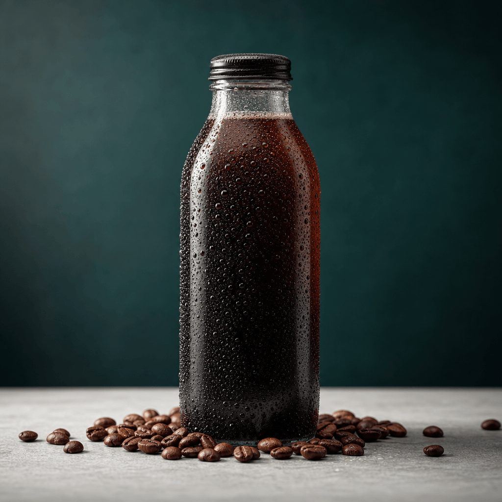 Square studio product shot of a cold-brew coffee bottle on a minimal pale concrete surface. Droplets of condensation on 