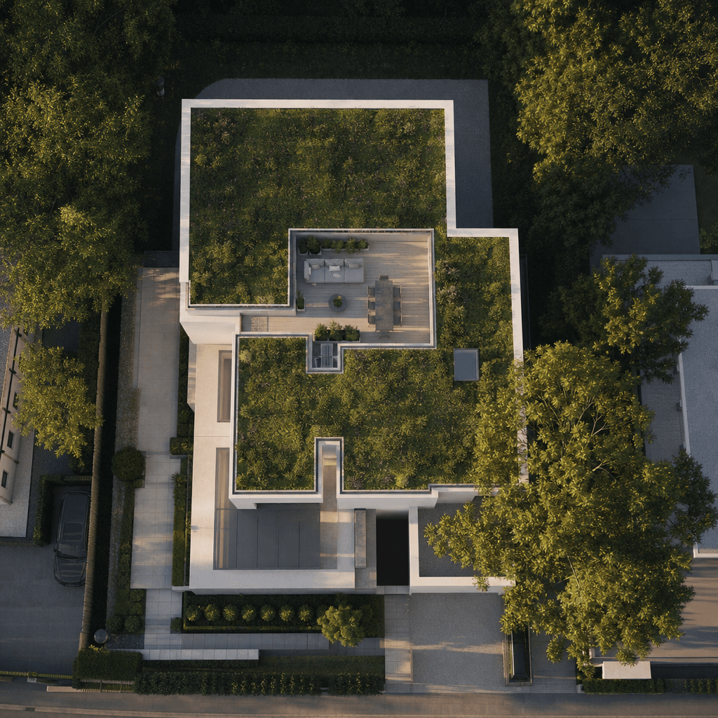 Aerial perspective render of a contemporary residential development with a planted green roof terrace, surrounded by mat
