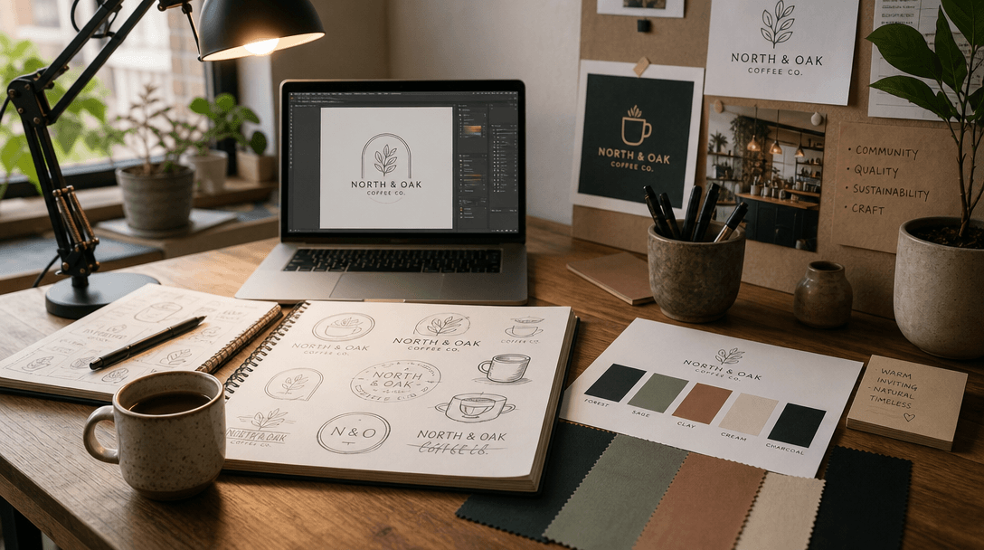 Designer's desk with café logo sketches, brand color swatches displayed, natural creative workspace lighting, artistic d