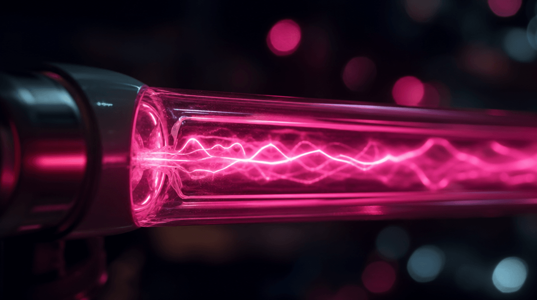 Close-up of neon tube glowing in hot pink, showing realistic electrical plasma inside glass tubes, bokeh background with
