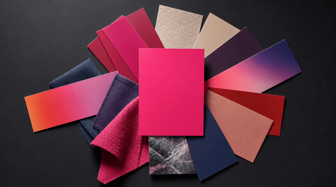 Abstract arrangement of color material swatches — matte paint chips, gradient paper strips, and fabric textures — fanned