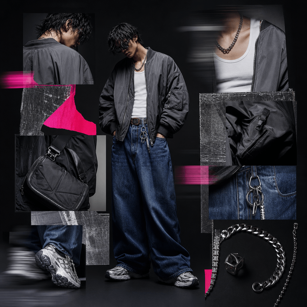 Modern streetwear fashion board with an oversized charcoal bomber, white tank, wide denim, technical sneakers, compact s